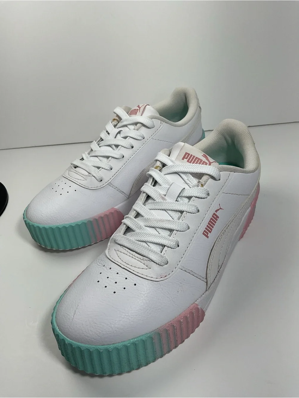 Puma Carina 2.0 White Pink Mint Leather Sneakers Women’s Size 8 Casual Shoes